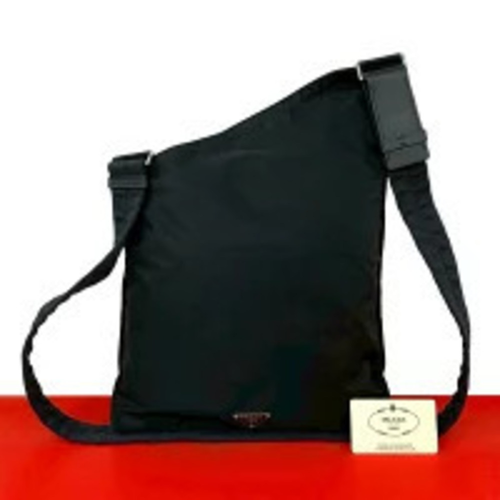 Prada Triangle Plate Tessuto Leather Shoulder Bag Body Black